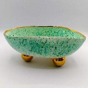 MCM Green Speckled Bowl With Gold Ball Feet.